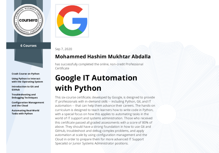 Google IT Automation with Python Certificate