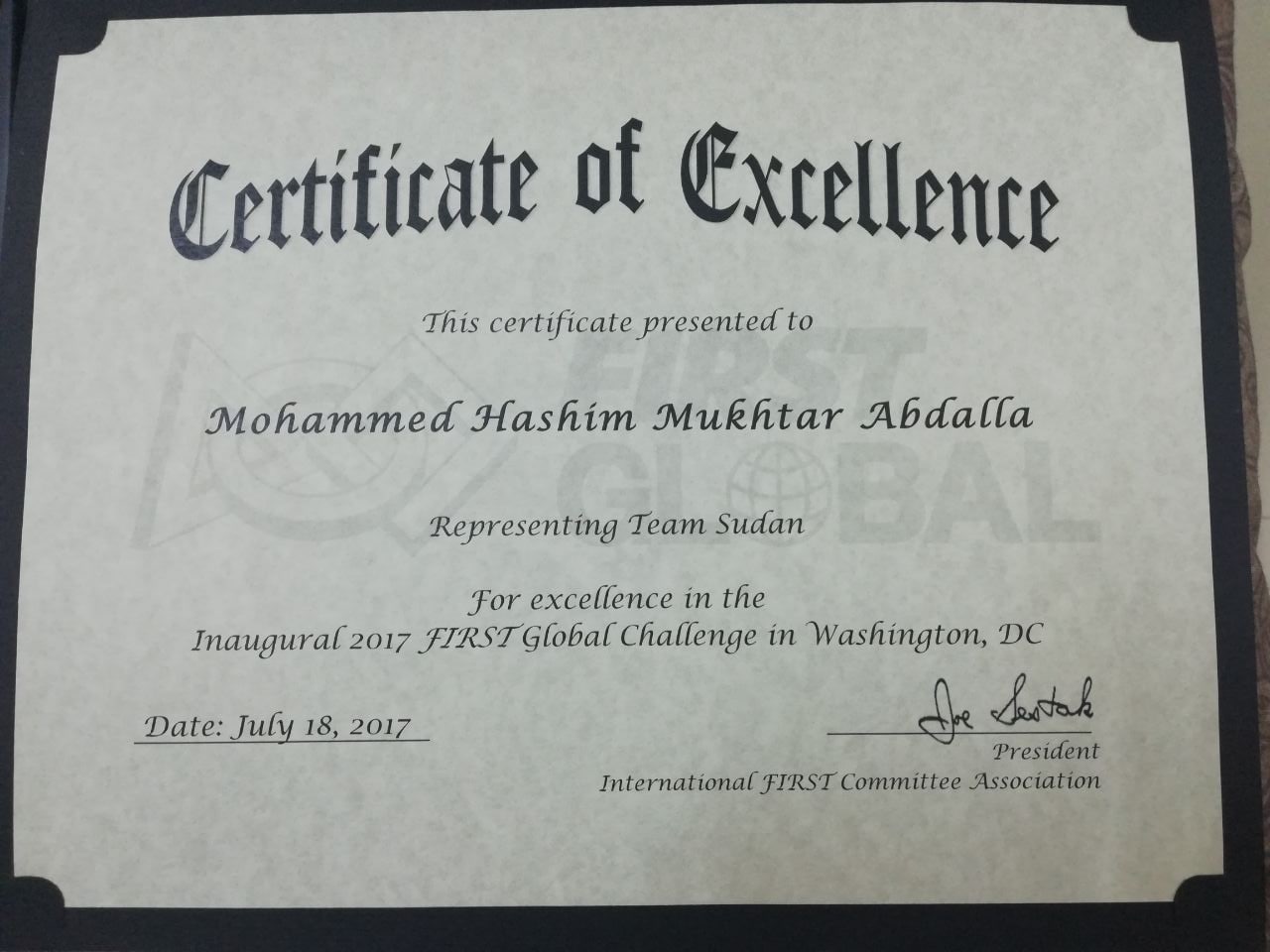 Certificate of Excellence by First Global, Washington, USA